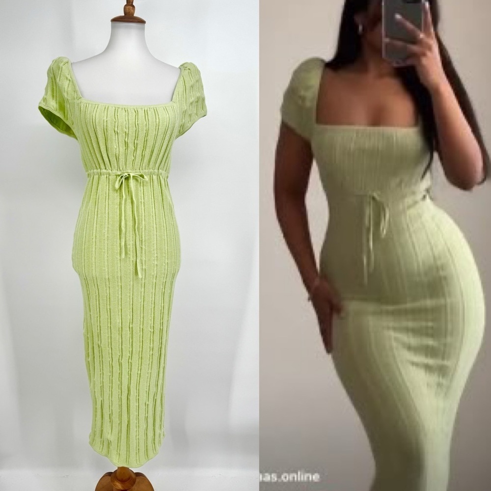 LPA Coco Ribbed Knit Square Neck Puff Sleeve Midi Sweater Dress Lime Green - Picture 2 of 8